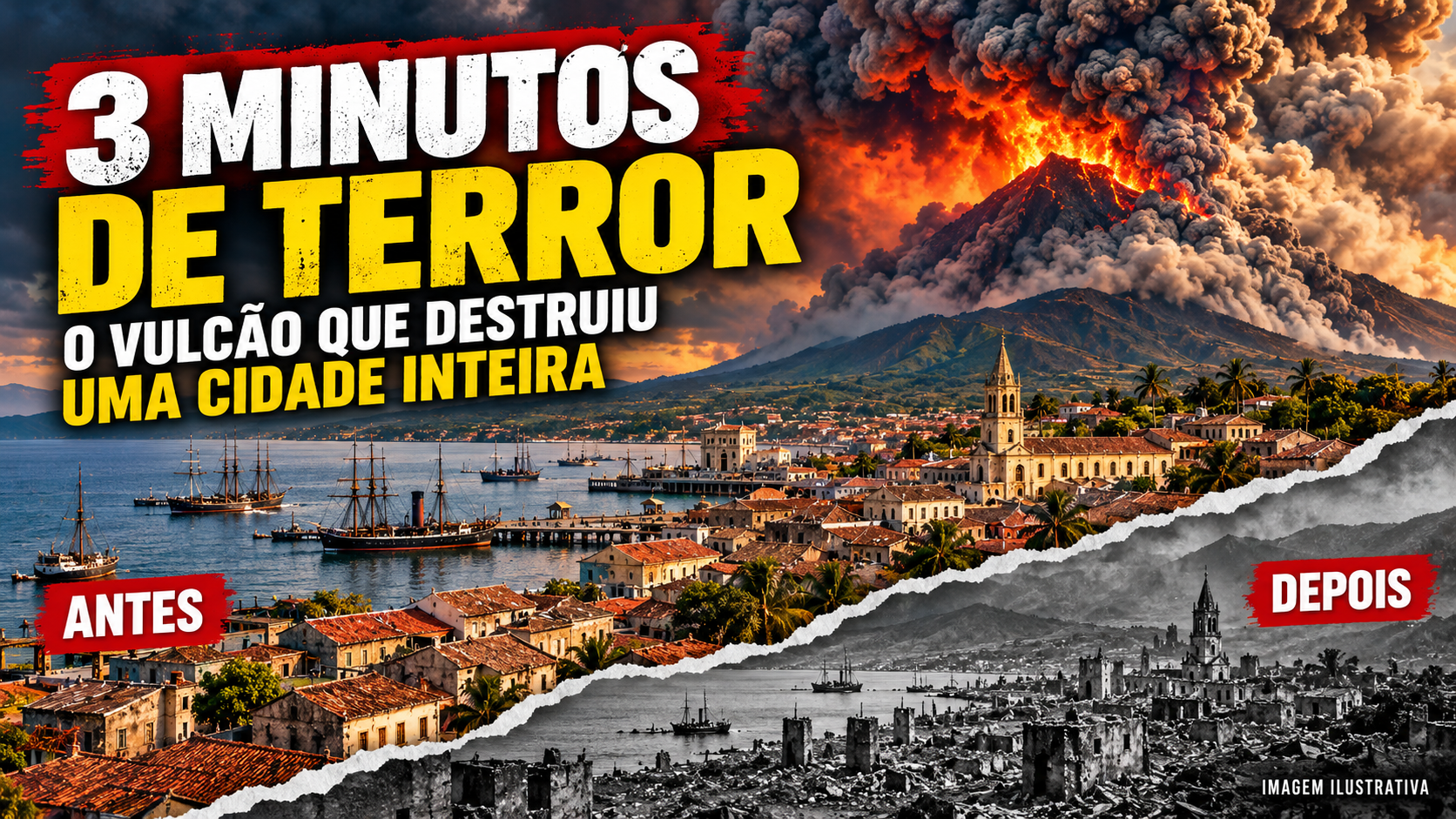 Imagem ilustrativa em estilo antes e depois da destruição de Saint-Pierre pela erupção do Monte Pelée em 1902