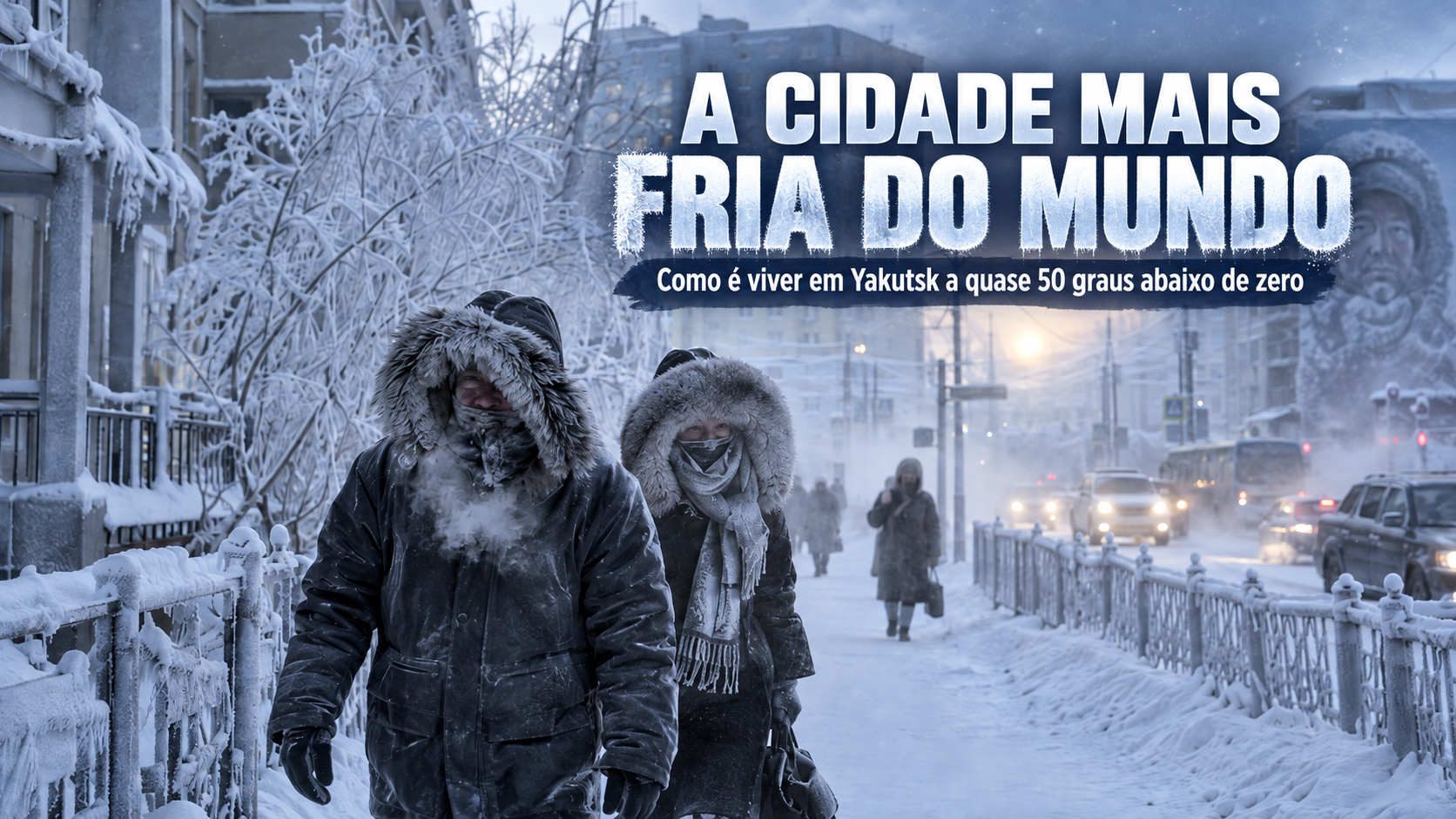 Rua coberta de neve em Yakutsk, cidade da Sibéria conhecida pelos invernos extremamente frios
