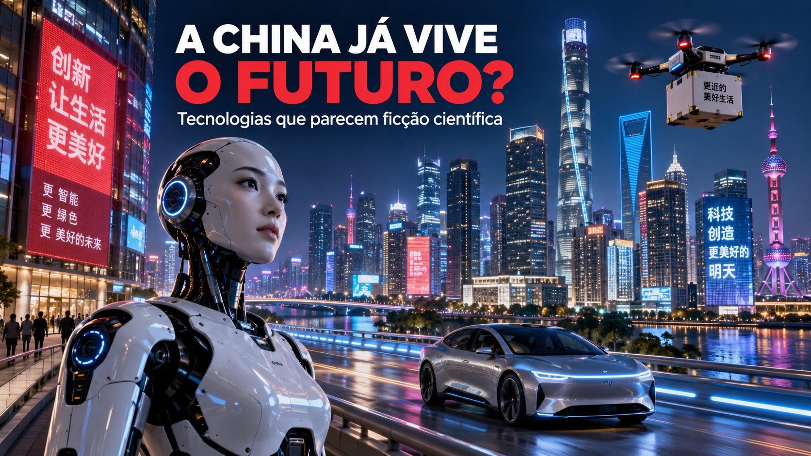 Tecnologias futuristas da China com robotáxi, robô humanoide e cidade inteligente