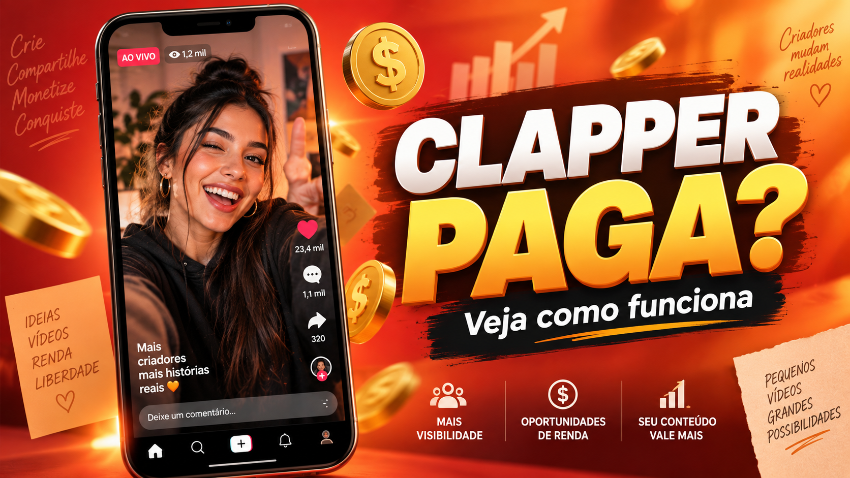 Clapper paga? Imagem sobre monetização de vídeos e formas de ganhar dinheiro na plataforma.