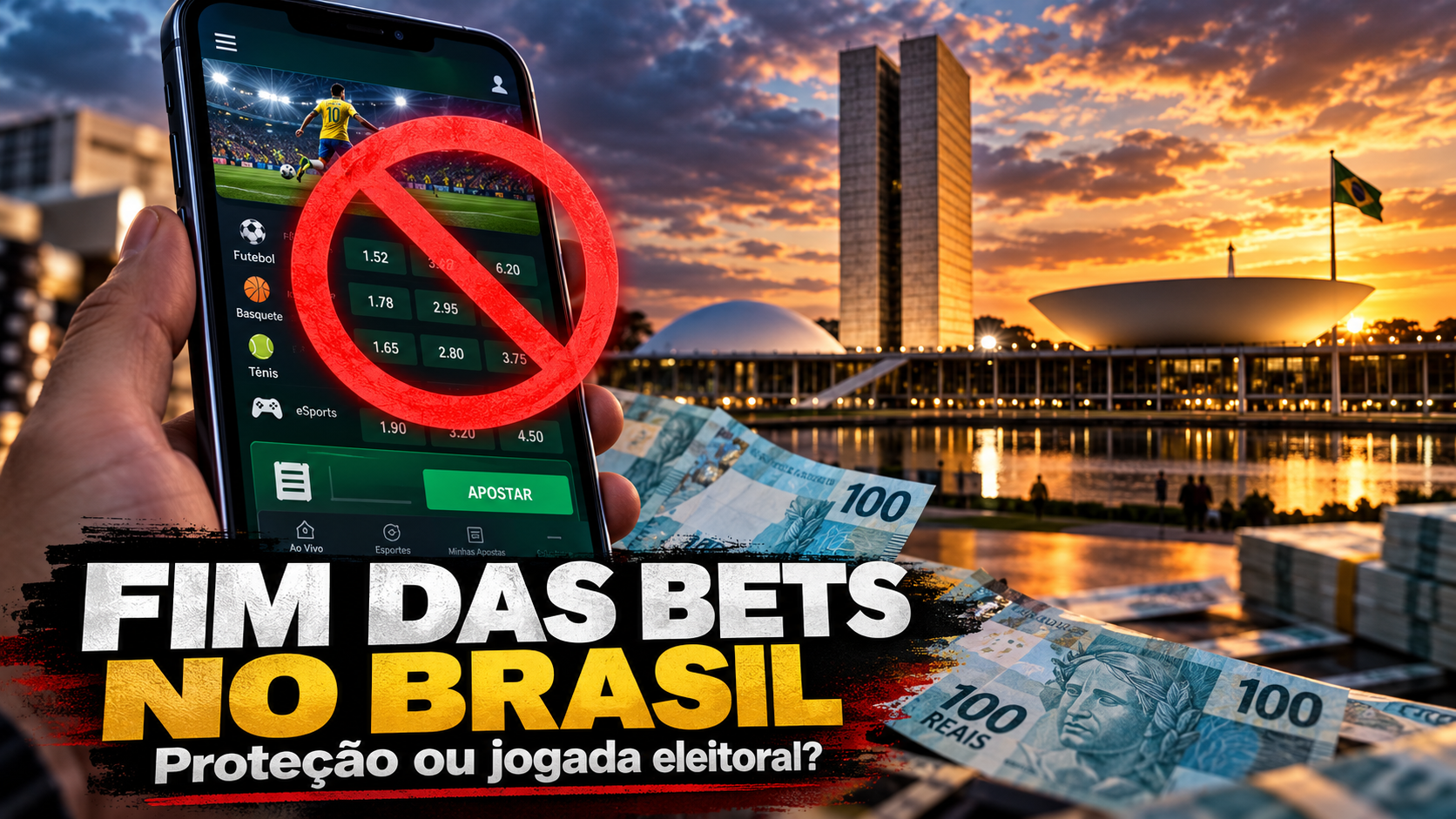 Celular com aplicativo de apostas bloqueado, notas de real e Congresso Nacional ao fundo