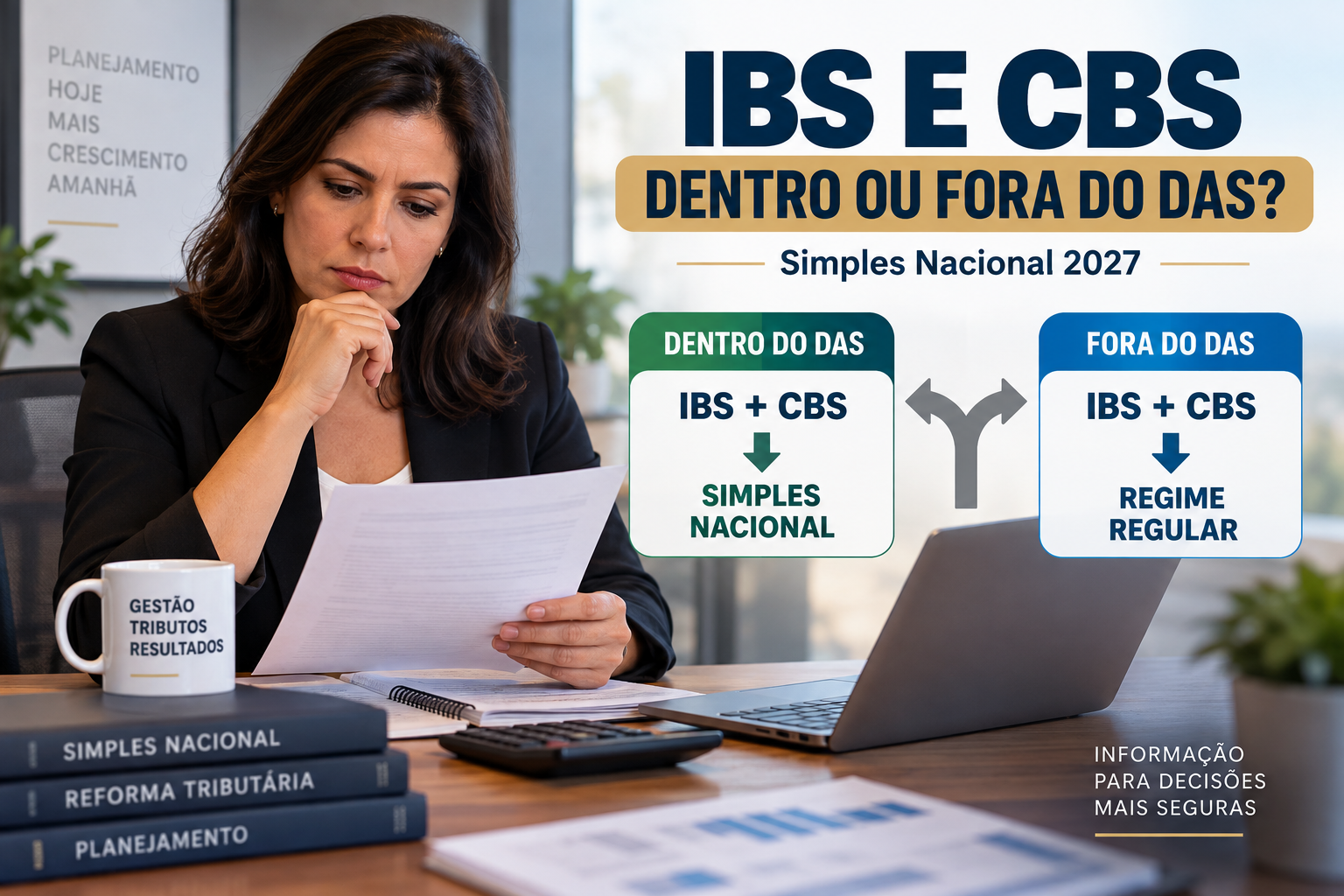 Imagem ilustrativa sobre a escolha de IBS e CBS dentro ou fora do DAS no Simples Nacional