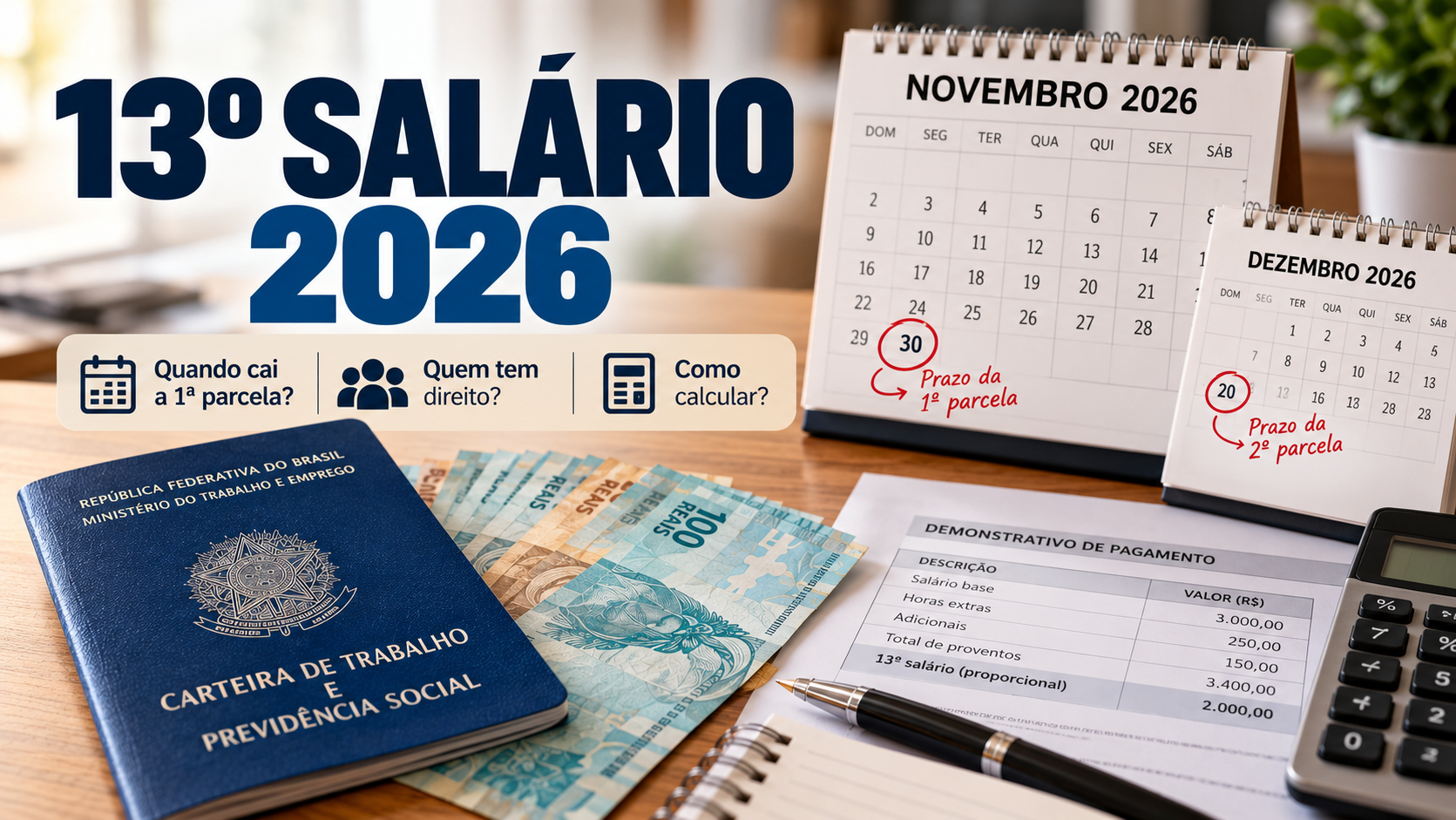 13º salário 2026 com calendários indicando os prazos da primeira e da segunda parcela