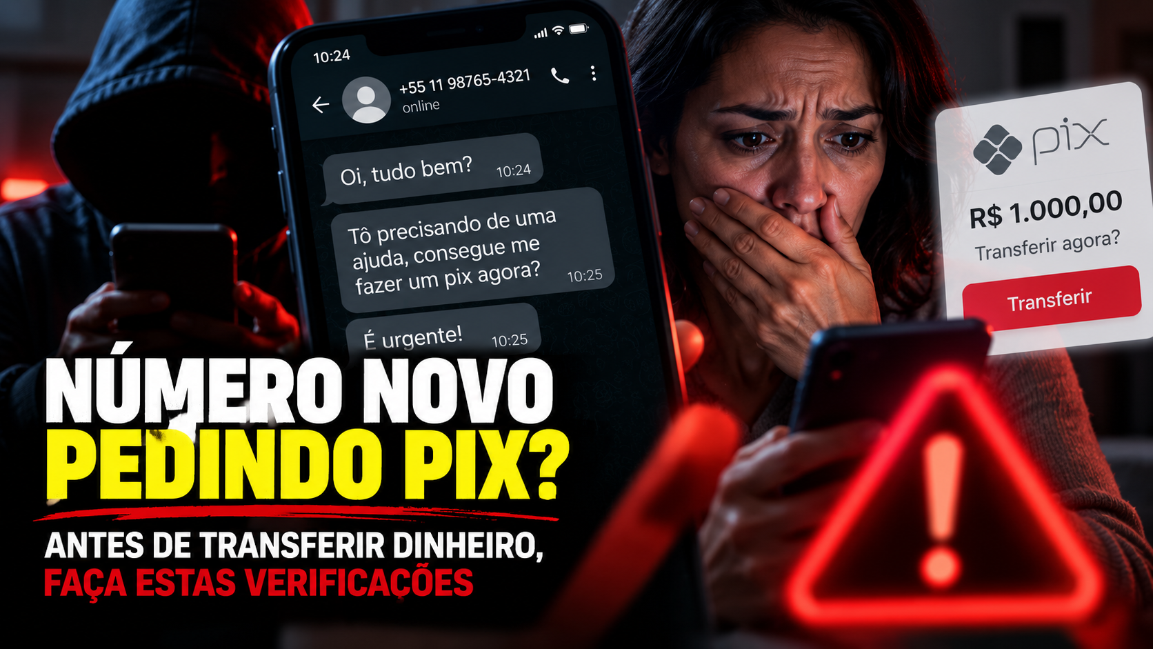 Imagem de alerta sobre golpe do número novo pedindo Pix, com celular, mensagem urgente e sinal de perigo