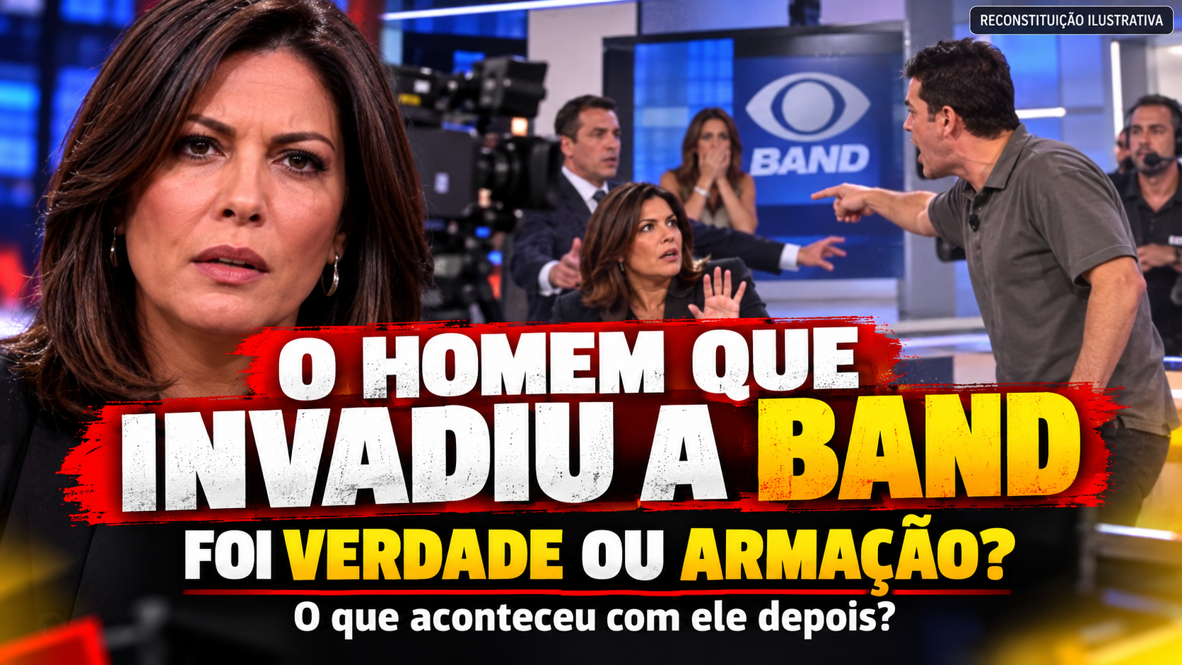 Reconstituição ilustrativa de uma invasão em estúdio de televisão, com o título O homem que invadiu a Band: foi verdade ou armação?
