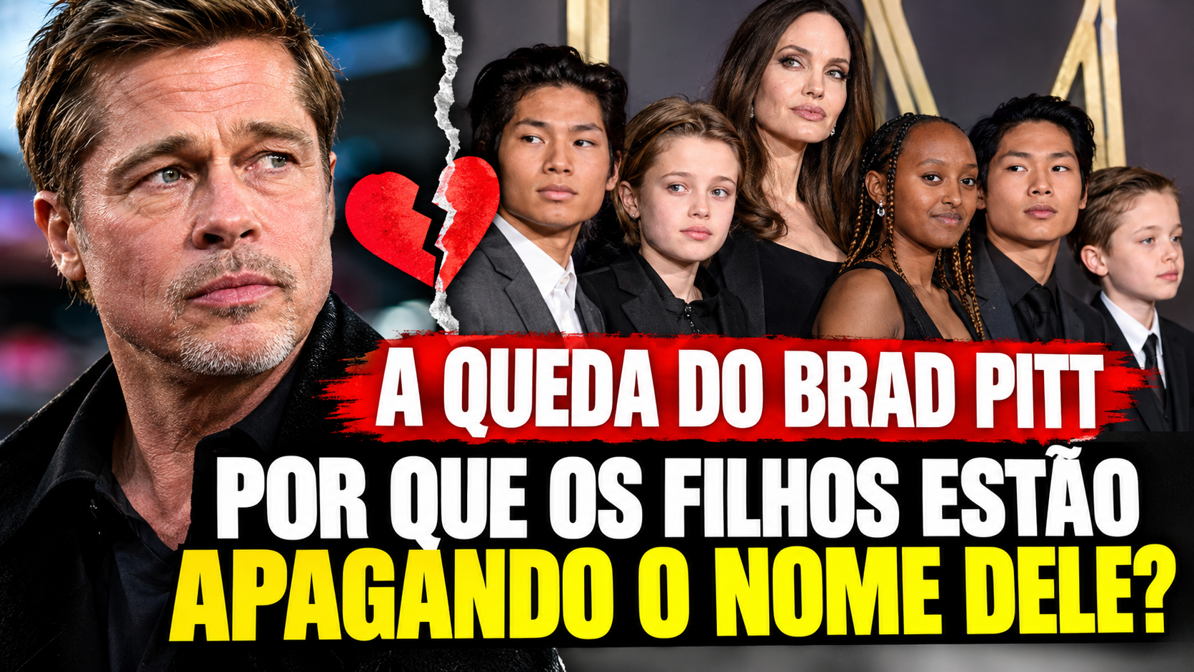 Montagem ilustrativa gerada por IA sobre Brad Pitt e mudanças de sobrenome dos filhos