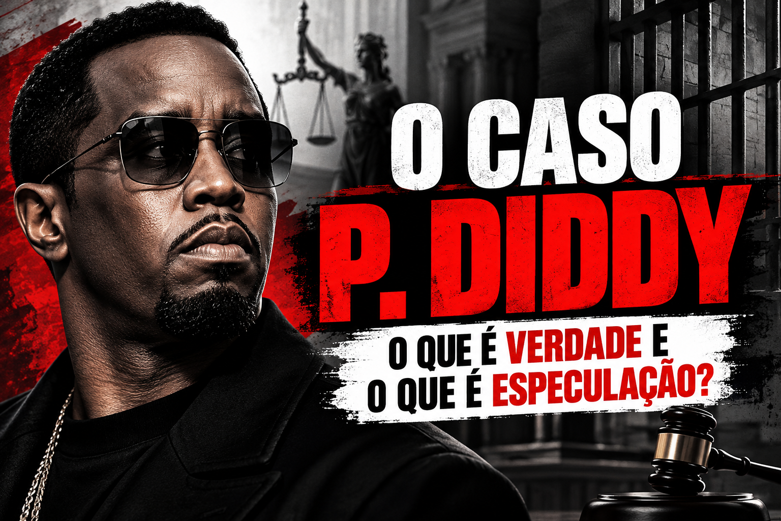 Arte ilustrativa sobre o caso P. Diddy com chamada o que é verdade e o que é especulação