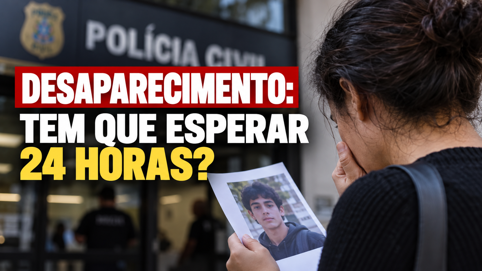 Imagem ilustrativa de uma mulher segurando a fotografia de uma pessoa desaparecida diante de uma delegacia, acompanhada da pergunta sobre esperar 24 horas.