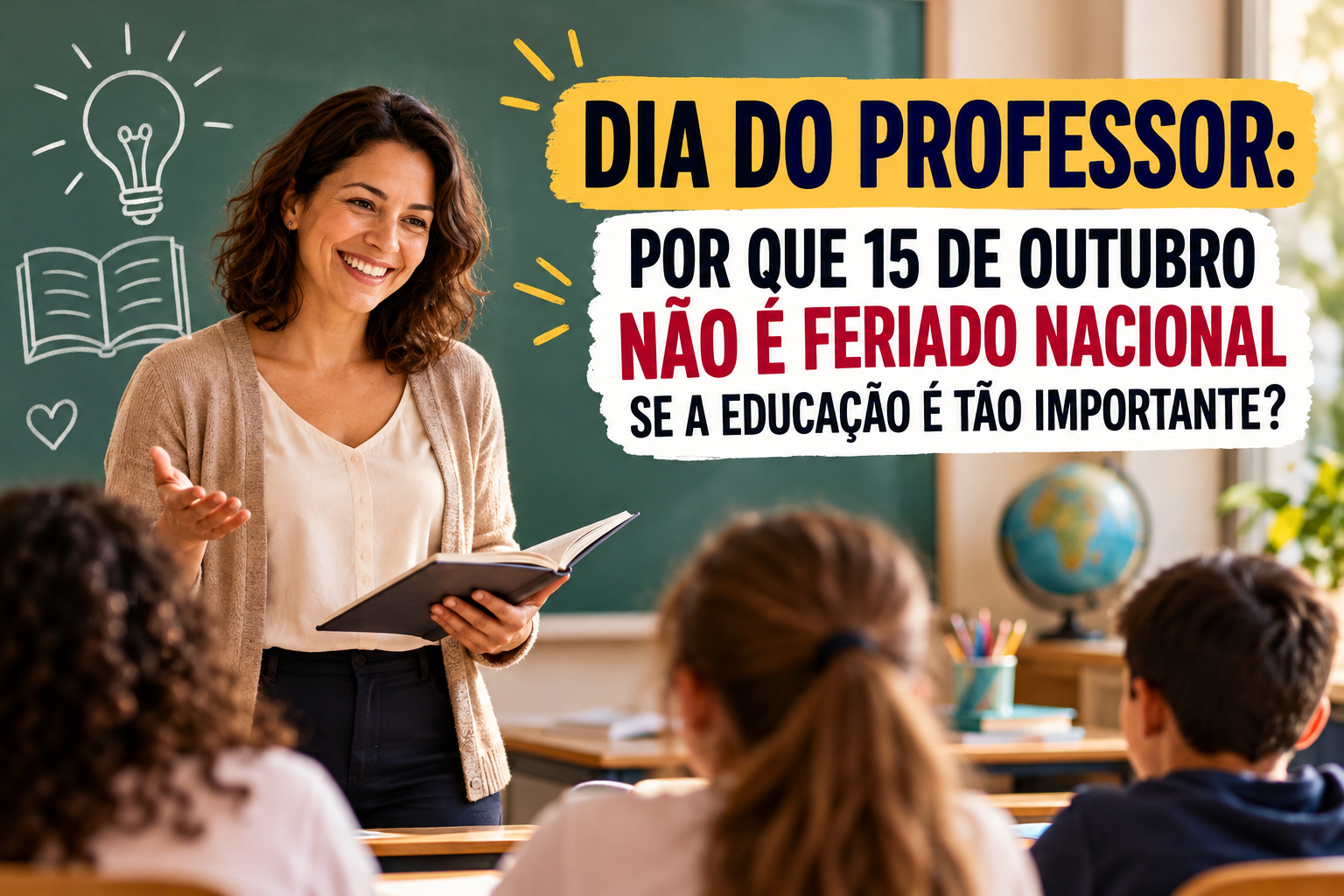 Professora sorrindo diante de alunos em sala de aula e chamada sobre 15 de outubro não ser feriado nacional
