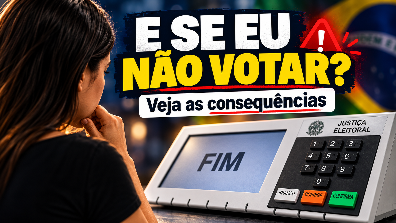 Mulher diante de urna eletrônica com a pergunta E se eu não votar? Veja as consequências