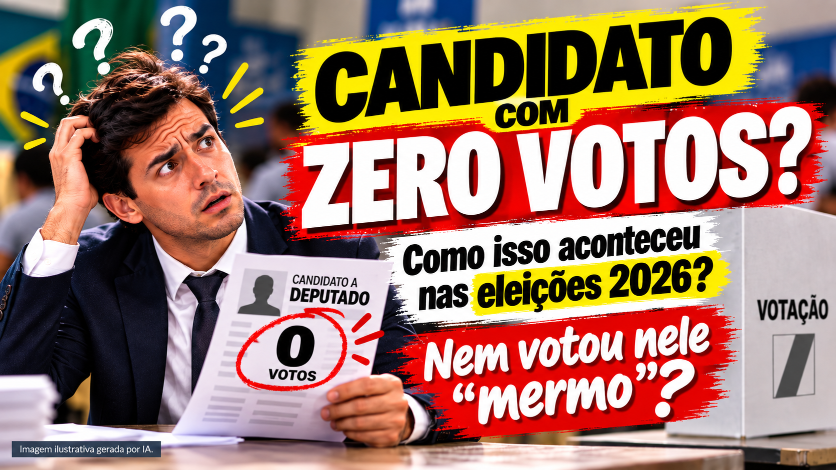 Ilustração de candidato a deputado olhando um resultado com zero votos nas Eleições 2026, com a frase “Nem votou nele ‘mermo’?”