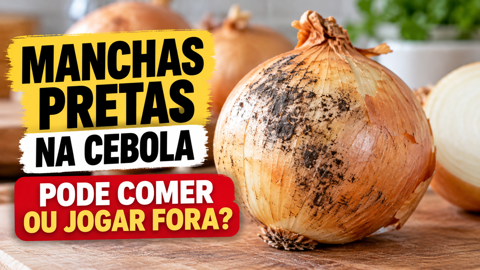 Cebola com manchas escuras na casca e chamada sobre quando aproveitar ou descartar, imagem ilustrativa gerada por inteligência artificial.