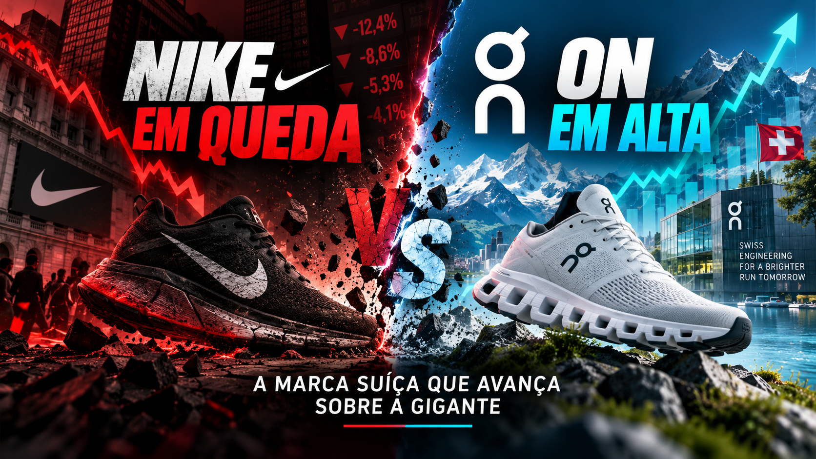 Montagem editorial mostrando Nike em queda e On em alta, com gráficos descendente e ascendente e tênis das duas marcas