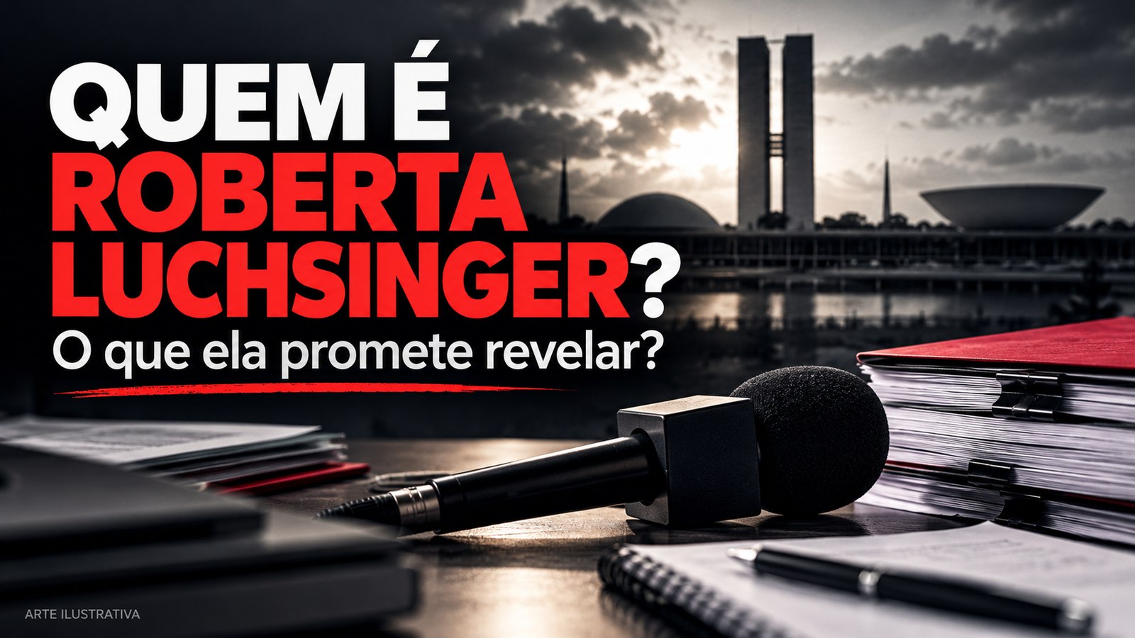 Arte editorial ilustrativa com o título Quem é Roberta Luchsinger? O que ela promete revelar?, microfone, documentos e imagem ilustrativa do Congresso Nacional.