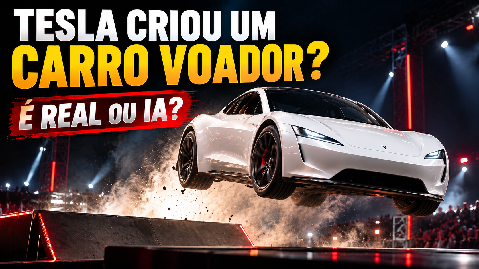 Arte ilustrativa gerada por inteligência artificial de carro esportivo branco inspirado no Tesla Roadster durante salto de rampa em palco futurista, com o texto Tesla criou um carro voador? É real ou IA?