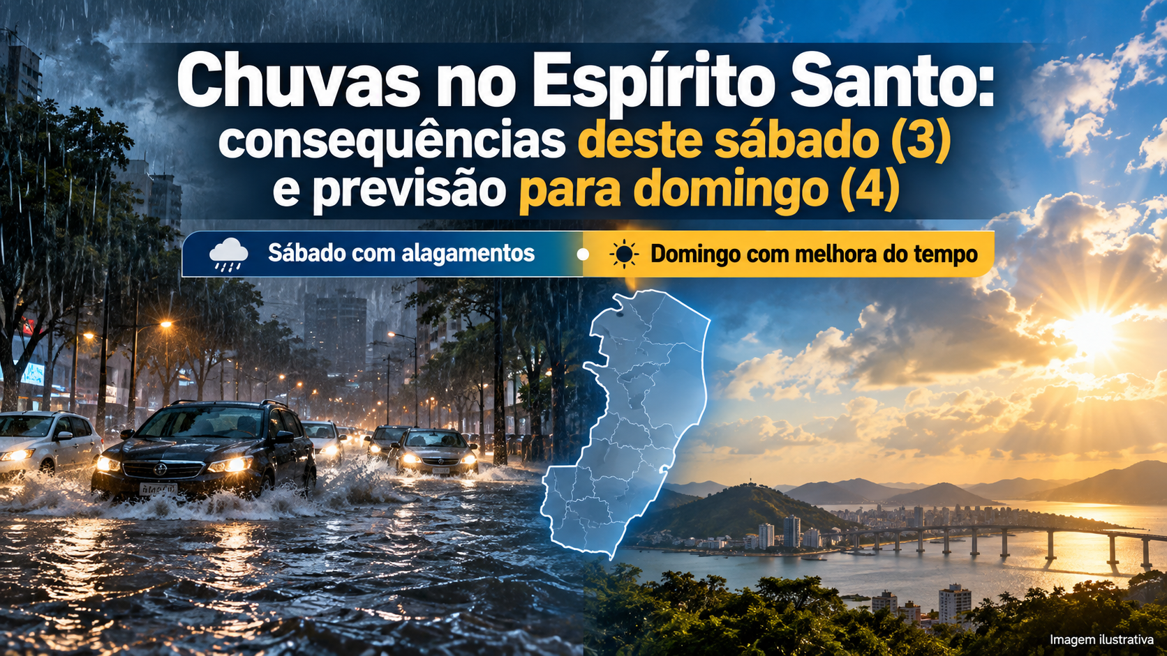 Arte ilustrativa sobre as chuvas no Espírito Santo, mostrando alagamentos no sábado e melhora do tempo no domingo